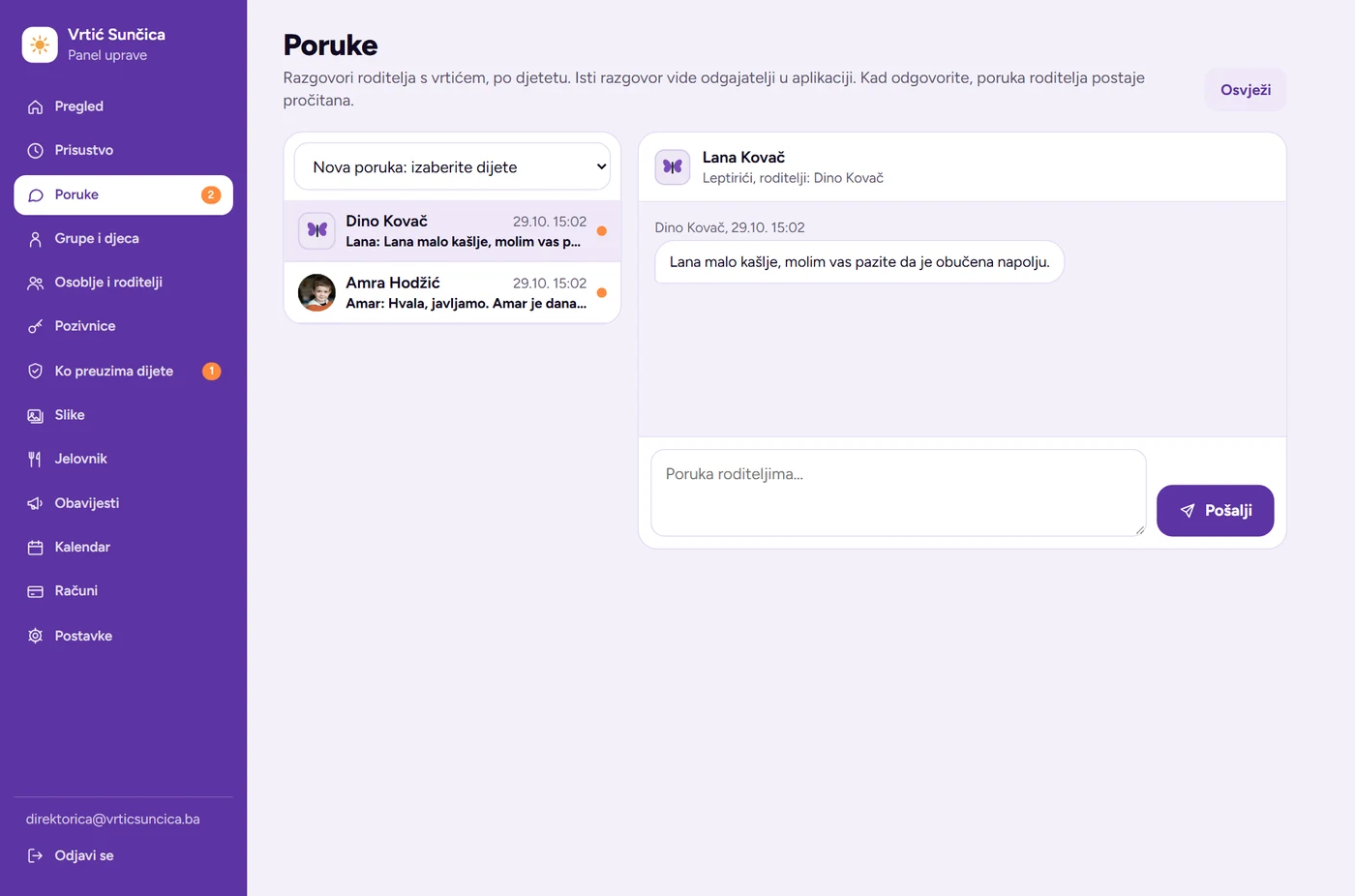 Panel uprave: poruke roditelja po djetetu